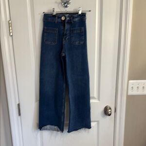 Zara Blue Flare Wide Leg Jeans with Raw Hem